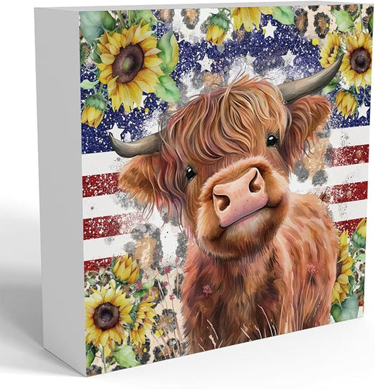 Cute Highland Cow Patriotic Baby Decor, Highland Cow Sunflower Decor, Wooden Box Decor Sign for Home Farmhouse Office Living Room Table Shelf-Ruum Studio Home