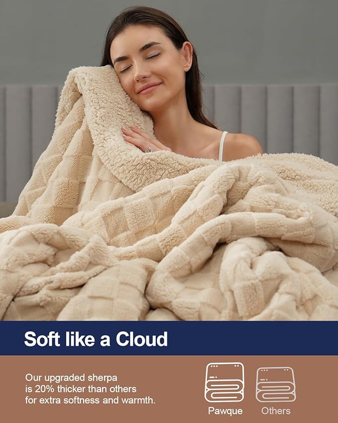 Pawque Super Soft Cozy Throw Blanket King Size for Couch Bed, Fluffy Sherpa Fleece Reversible Thick Warm Fuzzy Blanket for All-Season, 3D Checkered Jacquard Decorative Blankets, Khaki, 108"x90"-Ruum Studio Home