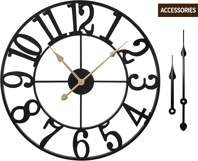 LEIKE Large Wall Clock, 16" Silent Non-Ticking, Battery Operated, Oversized, Decorative Retro Black Metal Clock for Living Room,Farmhouse, Dinner Room,Indoor, Outdoor Decor(40cm, Black Arabic Number)