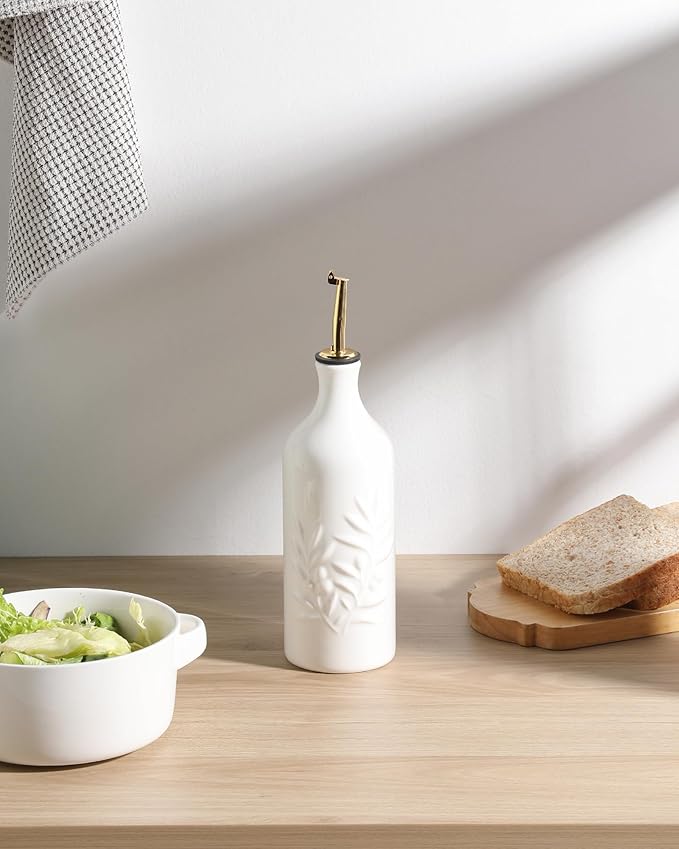 Sweejar Ceramic Olive Oil Dispenser Bottle 20 Oz Relief Opaque Oil Cruet Protects To Reduce Oxidation Suitable for Storage Vinegar, Soy Sauce, Coffee Syrup, Liquids, Set of 1 (White Gold Spout)-Ruum Studio Home