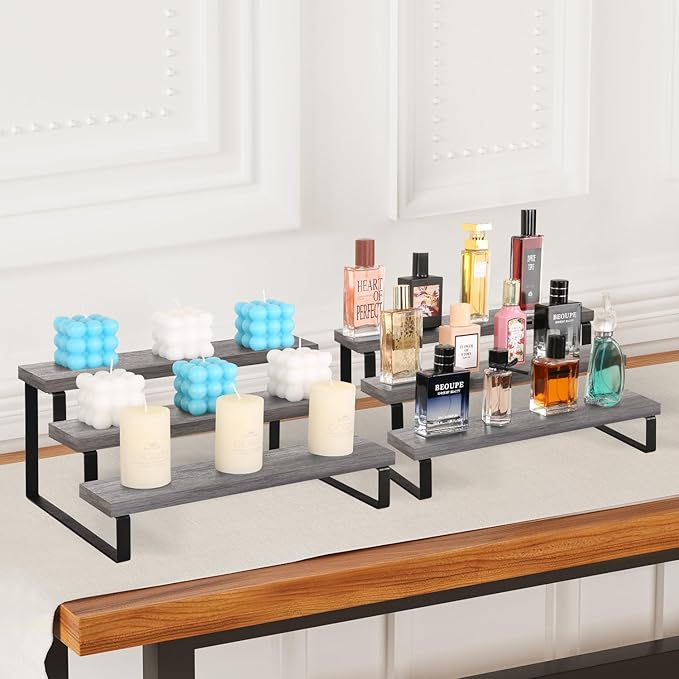 YINMIT Wooden Display Riser Stand, Tiered Perfume and Cologne Organizer Stand, 3 Tier Spice Rack Organizer, Rustic Display Shelf for Candles (3 Tier,2Pack,Grey)-Ruum Studio Home