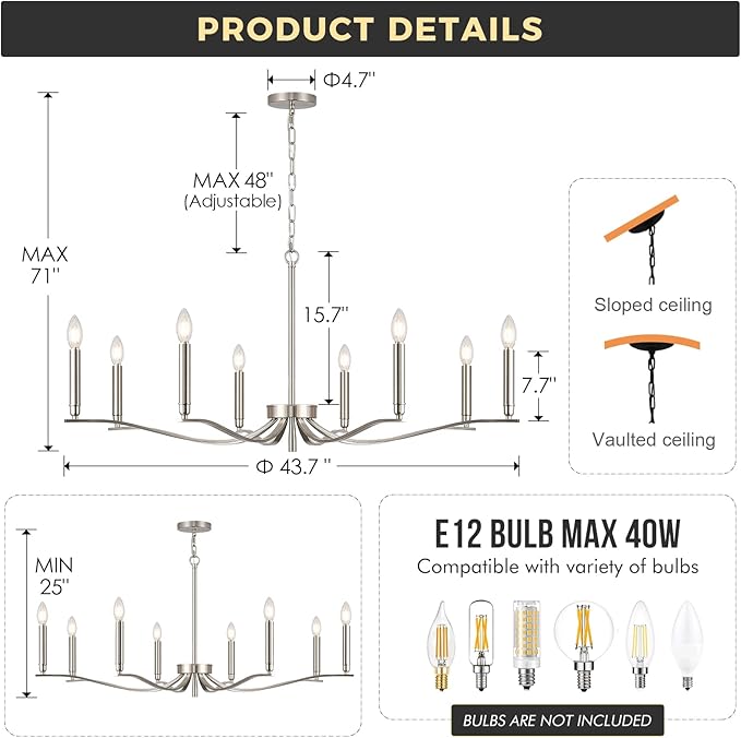 Nickel Chandeliers for Dining Room, 8-Light Chandelier Light Fixture Over Table Modern Candle Chandelier 44in Master Bedroom Chandeliers Lighting for Entry Foyer Bathtub Living Room-Ruum Studio Home