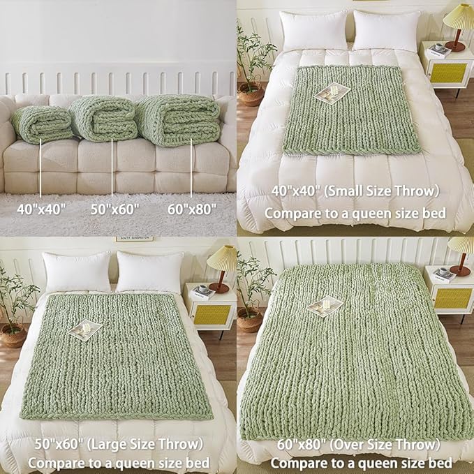 WESHIONGOO Chunky Knit Blanket Throw 40"×40" Knit Throw Blanket for Couch Bed Throw Blanket with Jumbo Chenille Yarn Thick 100% Handmade (Sage Green)-Ruum Studio Home