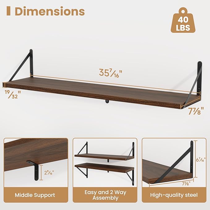 Heimlove 36 Inch Floating Bookshelves Set of 3,Heavy Duty Wall Mounted Bookshelves,Bookshelf for Living Room,Bedroom,Kitchen,Laundry Room Storage & Decor-Walnut Color-Ruum Studio Home