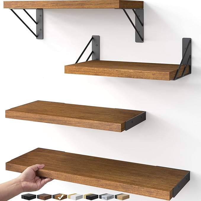 BAYKA Floating Shelves for Wall, Book Shelf for Bedroom, Wall Decor Shelves for Living Room Kitchen, Mounted Wood Floating Shelf for Home Decor, Corner Shelf for Bathroom, Office(Set of 4)-Ruum Studio Home