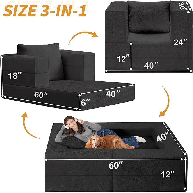Folding Bean Bag Chair for Adults,3-in-1 Bean Bag Couch Faux Fur Floor Sofa Large Beanbag Convertible Bean Bag Sofa Bed with Pillow in Bedroom,Living Room,Apartment(Twin,Black)-Ruum Studio Home