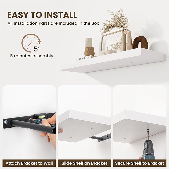 Fun Memories Wood Floating Shelves 16 Inch, 10 Inch Deep Shelves Wall Mount, Wall Shelves with Invisible Bracket, 16" Floating Shelves for Living Room Bathroom Bedroom, White, Set of 2-Ruum Studio Home