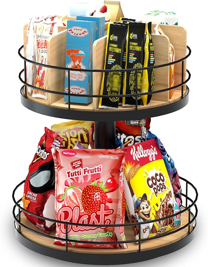 Snack Organizer - Versatile Snack Storage 2 Tier Lazy Susan with Convenient Grab-and-Go Design, Wood and Metal Snack Holder for Home, Office, Breakroom, 12.13" L x 12.13" W x 12.56" H-Ruum Studio Home