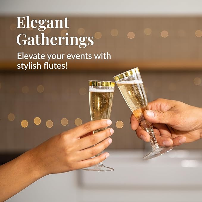 Prestee Set of 24 Plastic Champagne Flutes with Gold Rim - 4.5 oz - Shatterproof Disposable Glasses for Weddings, Cocktail Parties, and Outdoor Celebrations-Ruum Studio Home