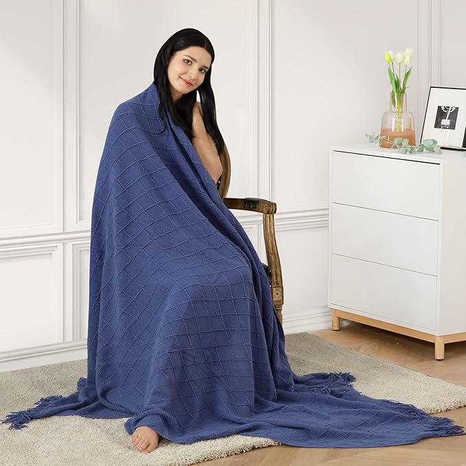 inhand Navy Blue Throw Blanket for Couch and Bed, Soft Living Room Home Decor Knitted Twin Size Blanket, Outdoor Lightweight Breathable Summer Blanket, Farmhouse Warm Woven Decorative, 60"x80"-Ruum Studio Home