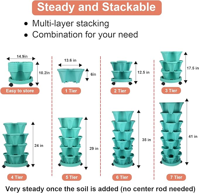 Vertical Planter 7 Tier Stackable Planters Garden Planters Strawberry Herb Flower and Vegetable Planter Indoor Outdoor Gardening Pots with Removable Wheels and Tools-Ruum Studio Home