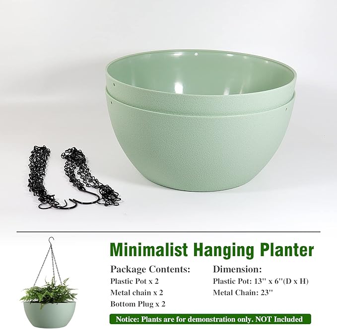 WOUSIWER 13 inch 2 Pack Large Hanging Planters for Indoor Outdoor Plants with Drainage Holes and Chain, Round Hanging Flower Pots for Garden Home Porch Decor, Green-Ruum Studio Home