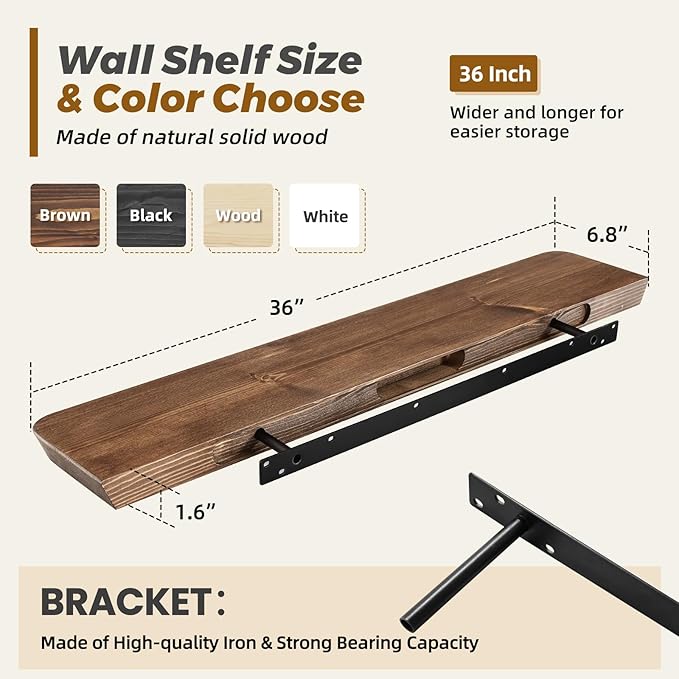 36"x6.8"x1.6" Slanted Floating Wall Shelves 2-Pack - Rustic Brown Finish, Heavy-Duty Solid Wood Design with Hidden Brackets - Perfect for Living Room, Kitchen, Bathroom, or Office-Ruum Studio Home