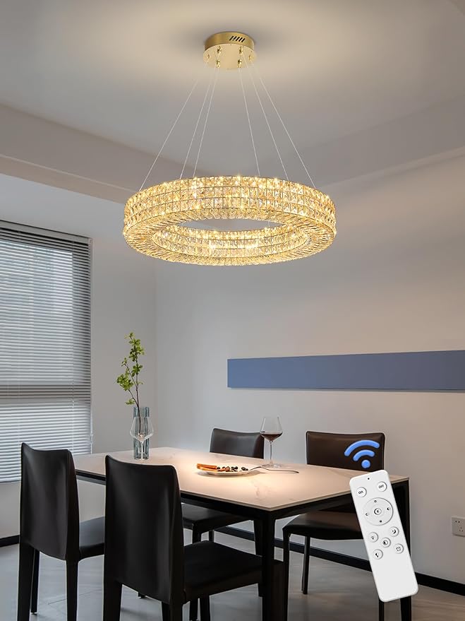 Dia 24" Modern Crystal Chandelier Gold Ring Chandelier Adjustable Height Luxury Crystal Pendant Ceiling Light Fixture for Dining Living Room Bedroom-Ruum Studio Home