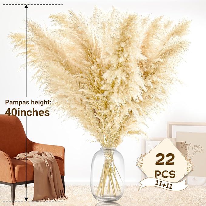 40" 22PCS Dried Pampas Grass Decor Tall,Large Natural Beige pompas Grass Tall Pampas Grass for Floor Vase,Wedding,Party,Farmhouse,Boho Home Decor,and Creating a Bohemian Ambiance-Ruum Studio Home
