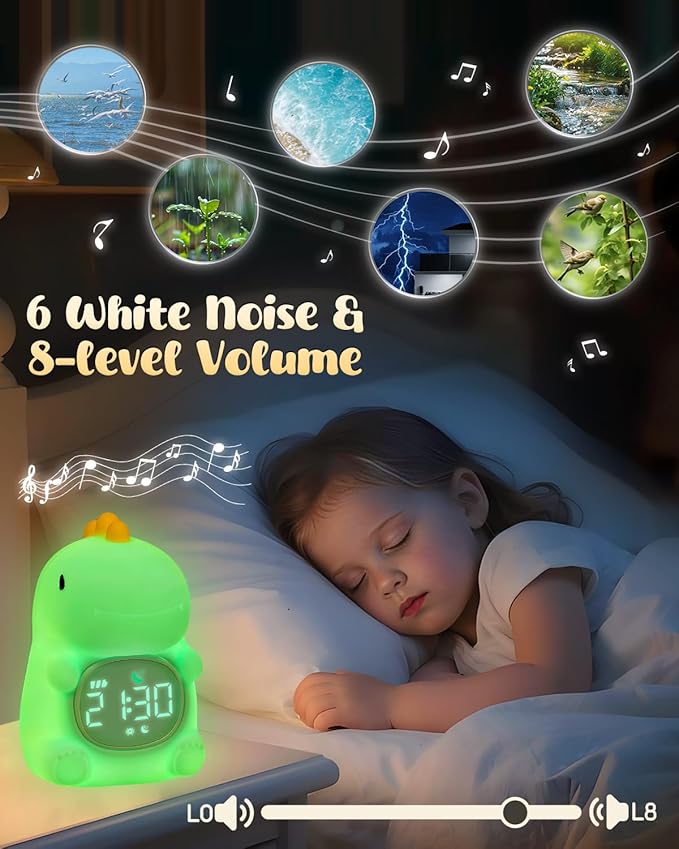 Dinosaus Alarm Clock for Kids with Night Light, Sleep Training Clock Time to Wake Clock, Rechargeable Silicone Light for Bedroom, Perfect Sleep Companion for Boys Girls-Ruum Studio Home