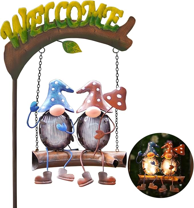 HONGLAND Gnome Garden Decor with Solar Lights, Funny Gnomes Swing Outdoor Decor, Gardening Gifts for Women Mom, Gnomes Yard Decorations with Welcome Sign for Lawn Porch Backyard Patio-Ruum Studio Home