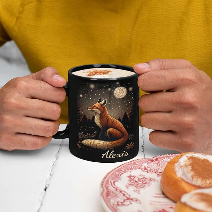 Animal Lover Mug with Custom Name, Nature Inspired Coffee Mug 11oz or 15oz, Personalized Cute Fox Ceramic Cup, Unique Animal Art Black Coffee Cup, Gifts for Friends, Family-Ruum Studio Home