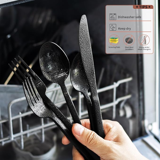 Alata Cube Black 20-Piece Forged Silverware Set Stainless Steel Flatware Set,Service for 4,Matte Satin Polished Cutlery Set,Dishwasher Safe-Ruum Studio Home