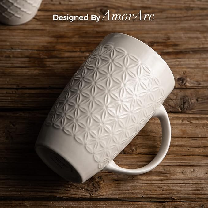 AmorArc Extra Large Coffee Mugs Set of 6, 20oz Ceramic Tall Coffee Mugs Set with Textured Geometric Patterns for Coffee/Tea/Beer/Hot Cocoa, Dishwasher & Microwave Safe,Beige-Ruum Studio Home