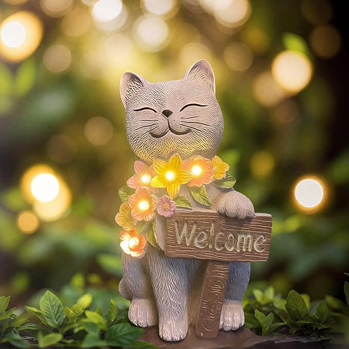 Solar Cat Garden Statue for Outdoor Decor, Cat Solar Light with Flowers, Resin Welcome Cats for Garden, Yard, Lawn Decor, Cats Lover Gifts for Women-Ruum Studio Home