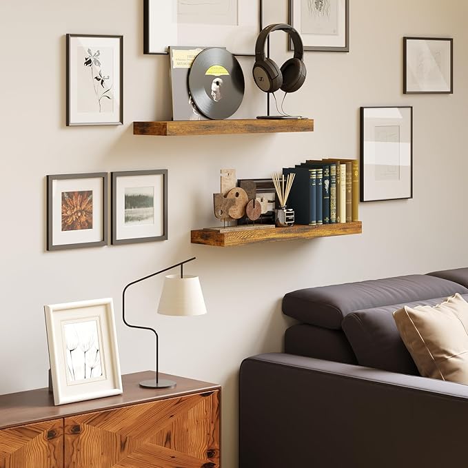 BAMEOS Floating Shelf,Wall Shelf,Decor Wall Mounted Shelves,Hanging Shelf Set L24xW6 for Bathroom Kitchen Living,Kitchen,Room Bedroom Storage, Rustic Brown-Ruum Studio Home