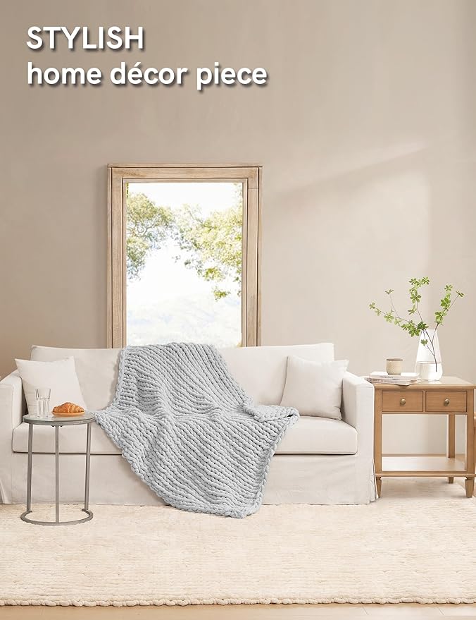 YnM Chunky Throw Blanket, Hand Knitted with Chenille Yarn, Skin Friendly, Ventilated and Breathable, Machine Washable, Home Décor Piece for Couch, Sofa and Bed (Glacier Grey, 50x60 Inch)-Ruum Studio Home