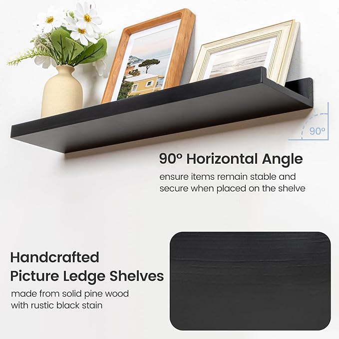 Picture Ledge Shelf for Wall, 24 inch Solid Pine Wood Nursery Book Shelves 2 Packs, Floating Ledge Shelves for Kids' Room Bedroom Bathroom Living Room Photo Frames Office Nursey Wall Decor, Black-Ruum Studio Home