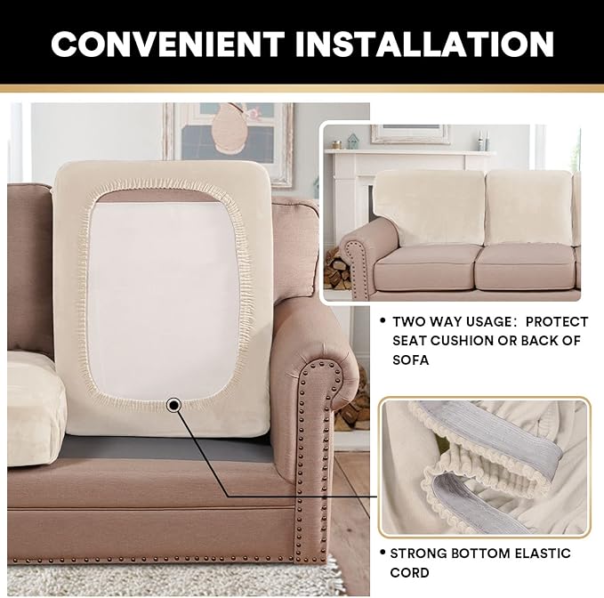 PrinceDeco Stretch Sofa Cushion Covers for Couches and Sofas,Soft Velvet Couch Seat Covers, Sofa Covers Washable, Seat Cushion Cover for 3 Couch Sofa Pet Friendly - Ivory, Each Width Up to 29.5"-Ruum Studio Home