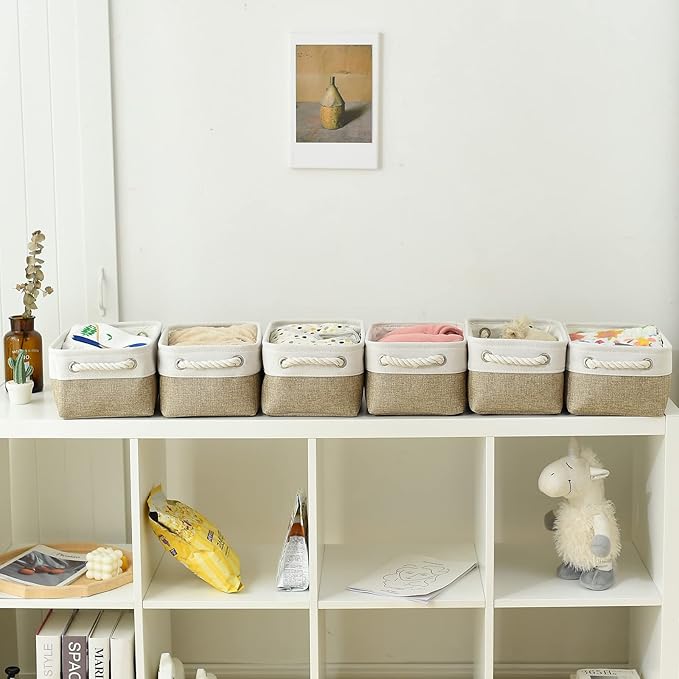 TcaFmac Storage Bins for Shelves - Small 6 Pack Collapsible Storage Basket for Organizing, Fabric Storage Cubes with Handle for Closet Cloth Toy Gift Kids (White & Khaki 11.8x7.8x5.2 inch)-Ruum Studio Home