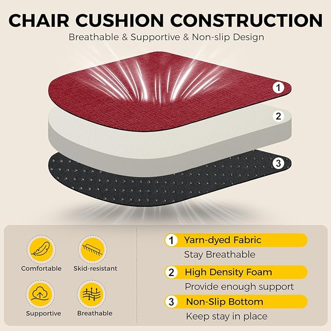 downluxe Indoor Chair Cushions for Dining Chairs, Soft and Comfortable Textured Foam Kitchen Chair Pads with Ties and Non-Slip Backing, 16" x 16" x 2", Red, 6 Pack-Ruum Studio Home