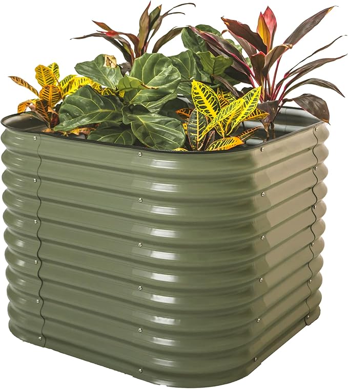 Vego garden 32" Extra Tall Raised Garden Bed Kits,4 in 1 Modular Raised Planter Box for Vegetables Flowers Fruits Oval Metal Raised Garden-Olive Green-Ruum Studio Home