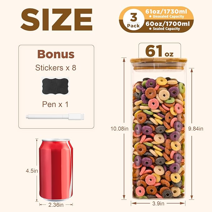 Glass Food Storage Jars Square 61oz, 3 Pack Glass Jars With Bamboo Lids, Kitchen Storage Containers For Spice, Candy, Cookie, Storage For Pantry Organizers-Ruum Studio Home