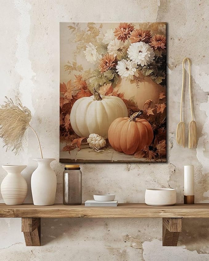 AbcCustomize Fall Wall Art Pumpkin Floral Print, Vintage Thanksgiving Decorations Canvas for Autumn Decor, Rustic Daisy Farmhouse Wall Art Decor for Bedroom Living Room Kitchen, Ready to Hang-Ruum Studio Home