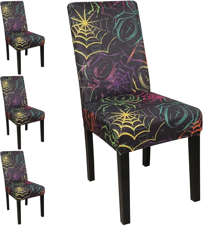 JQinHome Spider Halloween Chair Slipcover,Web Black Chair Covers Set of 4, High Stretch Washable Chair Protector Cover for Dining Room, Kitchen,Home Party,Wedding Ceremony(Spider,4PC)-Ruum Studio Home