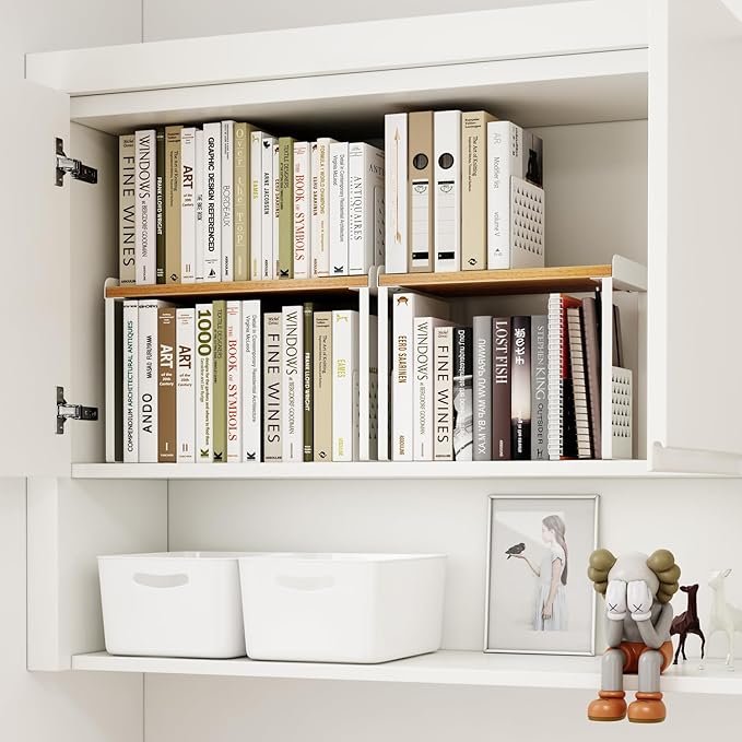 Mitus Shelf Organizer and Storage, Tiered Wood Cabinet Rack for The Kitchen Counter, Bathroom Counter, Pantry Cupboard, Office Desk Bookshelf, 16" Wide Natural and White (Large)-Ruum Studio Home