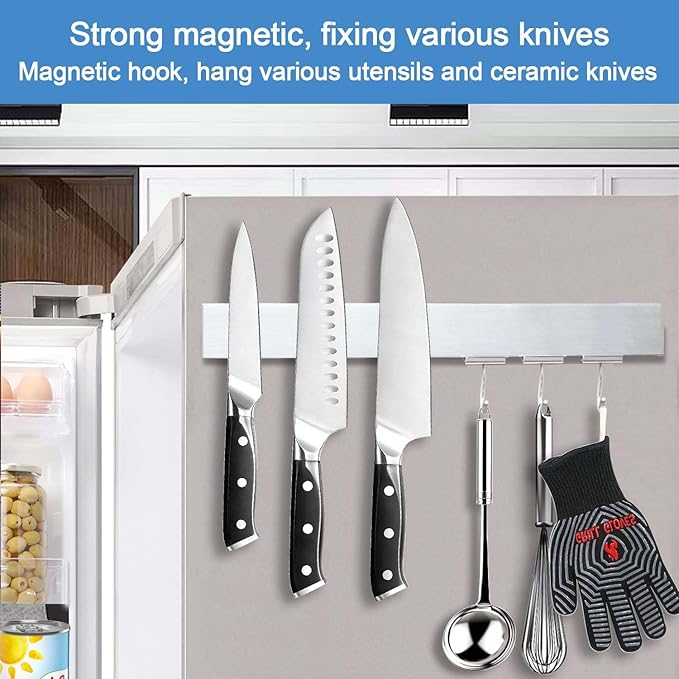 16 Inch Magnetic Knife Holder for Refrigerator - Knife Magnetic Strip for Fridge with Magnetic Hooks - Double Sided Magnetic Knife Bar - Stainless Steel Kitchen Magnetic Knife Hanger Rack-Ruum Studio Home