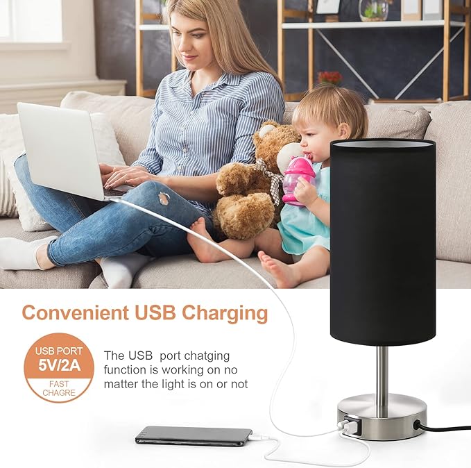 Bedside Lamp with USB Port - Touch Control Table Lamp for Bedroom Wood 3 Way Dimmable Nightstand Lamp with Round Black Shade for Living Room, Dorm, Home Office (LED Bulb Included) (Blacl2)-Ruum Studio Home