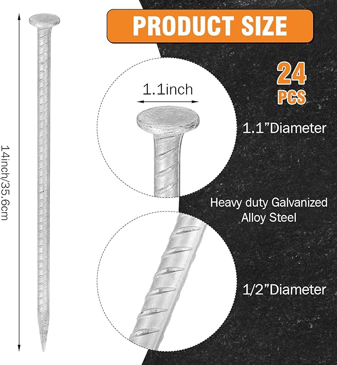 Tandefio 24 Pcs 14 inch Rebar Stakes, 1/2 Inch Diameter Threaded Galvanized Steel Ground Anchors Plant Support Garden Stakes, Heavy Duty Metal Landscape Spikes for Speed Bump Tent-Ruum Studio Home