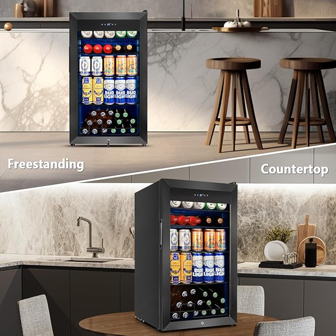 Tylza 130 Can Beverage Refrigerator Cooler, 3.22 Cu.Ft Beverage Cooler with Low-E Glass Door, Safety Lock, Beverage Fridge for Soda, Beer, Wine, Mini Fridge for Home, Office, Bar, Bedroom, Black-Ruum Studio Home