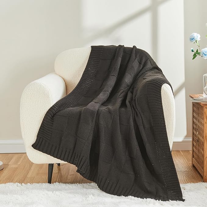 CozeCube Check Knit Throw Blanket, Jet Black Checkered Throw for Couch, Decorative Christmas Soft Cozy Warm Knitted Blanket for Bed Sofa Living Room, 60"X80"-Ruum Studio Home