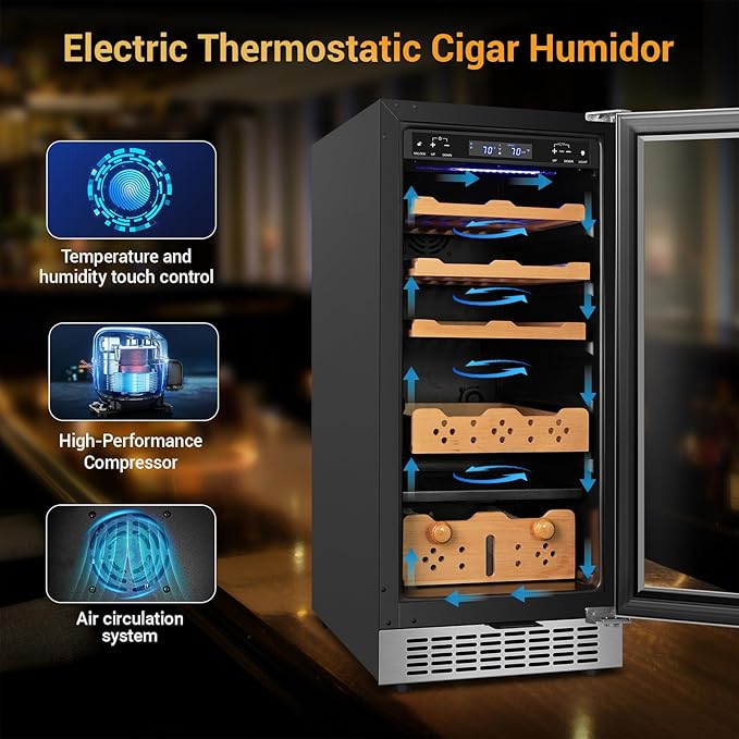 Electric Cigar Humidor, 15 Inch Upgraded Large Capacity Humidor Cabinet with Powerful Compressor, Digital LED Screen, Safety Lock, Smart Humidity & Temp Control, Gifts for Men-Ruum Studio Home