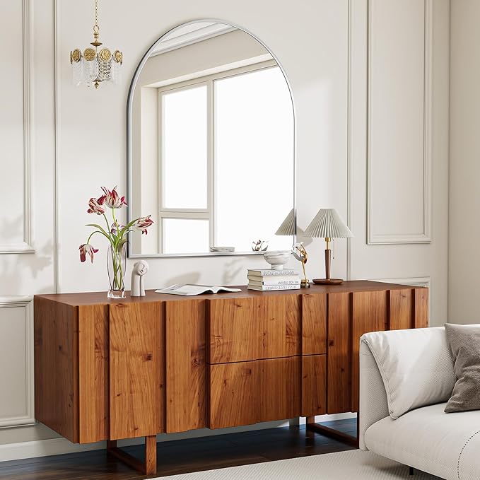 BEAUTYPEAK 32"x42" Arch Bathroom Mirror, Wall Mounted Vanity Metal Frame Mirror for Bedroom, Entryway, Living Room, Silver-Ruum Studio Home