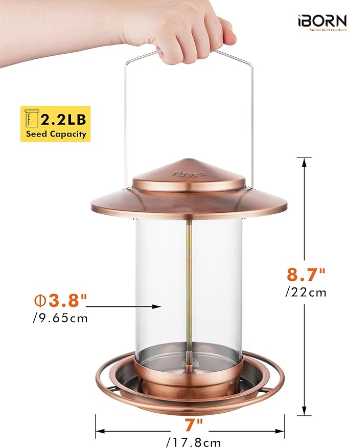 iBorn Bird Feeders for Outdoors Hanging,Metal Bird Feeders for Cardinal Chew Proof 18cm Large Roof&Tray Birdfeeders Outside Hanging,Brushed Copper 6 Port (Seed is not Included)-Ruum Studio Home