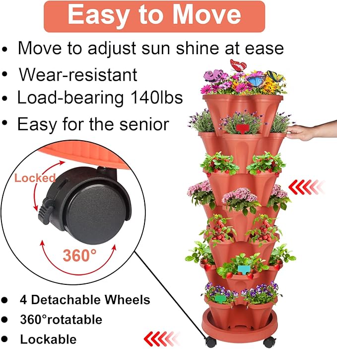 Vertical Planter, 7 Tier Stackable Strawberry Planter with Garden Tool Set, Movable Indoor/Outdoor Garden Herb Pot for Growing Vegetables and Succulents, Red-Ruum Studio Home