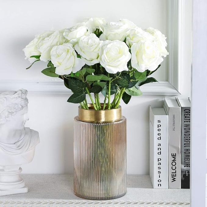 White Fake Roses Artificial Flowers - 10 Pcs Fake Artificial Roses Silk Flowers with Stems for Home Wedding Hotel Office Centerpiece Decor-Ruum Studio Home