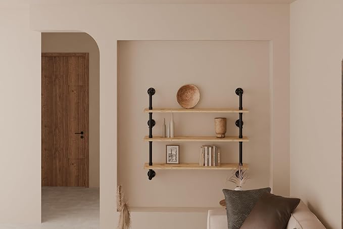 Industrial Pipe Wall Shelves Pipe Shelving with Real Wood Plank,48 Inches Floating Shelves for Wall Farmhouse Pipe Book Shelves Dark Brown 3 Tier for Kitchen,Living Room Decor and Bar Shelving-Ruum Studio Home