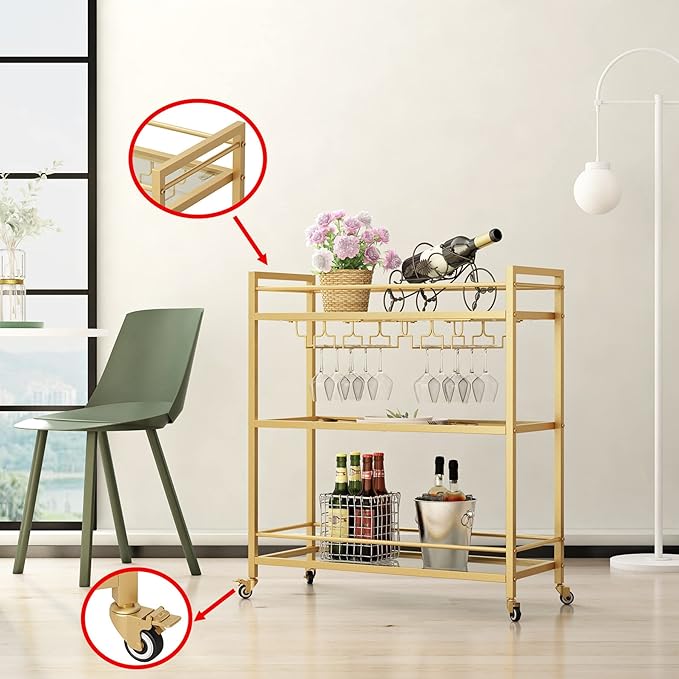 Glass Gold Bar Carts for Home with Hanging Wine Rack - Home Bar Serving Cart with 3 Mirrored Shelves, Kitchen Bar Carts, Wine Cart for Entertaining, Club Party.-Ruum Studio Home