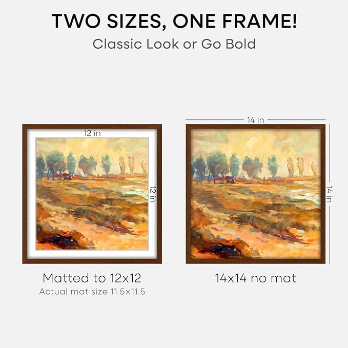 Homeforia 14x14 Picture Frame Brown, High End Dark Oak 14 x 14 Square Wood Frame with Mat 12 x 12 for Photo, 14by14 Wooden Walnut Poster Frame Matted to 12x12 Print, Tempered Glass, Wall Kit, Set of 1-Ruum Studio Home