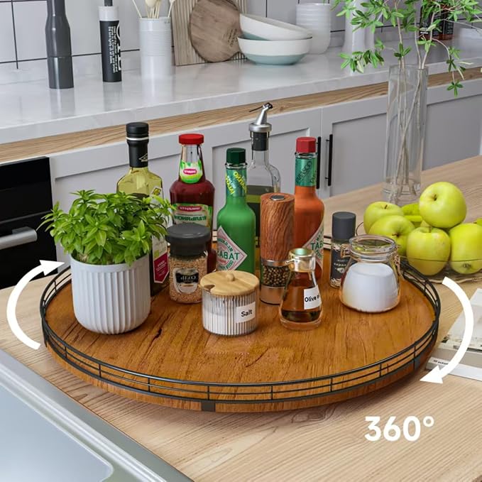 Farmhouse Oak 21" Lazy Susan Turntable Organizer for Cabinet, Round Wooden Lazy Susan Organization and Storage for Dining Table, Pantry, Kitchen, Countertop, Cupboard,Home Decor, Walnut (21)-Ruum Studio Home